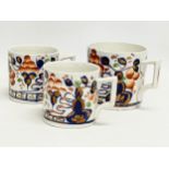 3 19th century Allertons pottery mugs. Gaudy Welsh style. 14x10cm