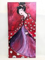 An original oil painting by Amy Louise Wyatt, titled "The Painted Courtesan." 60x120cm