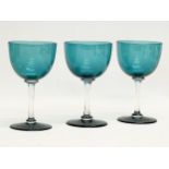 A set of 3 Victorian blue drinking glasses. Circa 1850-1870. 12cm