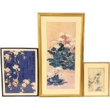 A Japanese watercolour painting with 2 Japanese prints. Largest measures 64x120cm