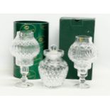 3 pieces of Tyrone Crystal. 2 Tyrone Crystal Hurricane candleholders, 1 with box. A Tyrone Crystal