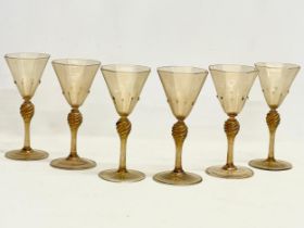 A set of 6 early 20th century Venetian Murano wine glasses by Antonio Salviati. 18cm