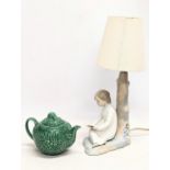 A Spanish pottery table lamp and a Wade pottery teapot. Lamp measures 40cm