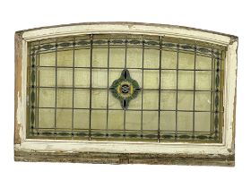 A large 19th century ornate stained glass panel in wooden frame. 140x91cm