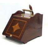 A late Victorian inlaid mahogany coal scuttle with original liner and shovel. 33.5x47x48cm