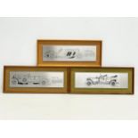 3 vintage teak framed wall plaques of steel etchings of cars. 1 signed Keith Tovey. Rolls Royce