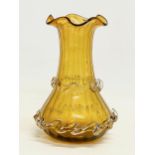 A 1940’s decorative Amber Art Glass crimped edge vase. 11x16.5cm