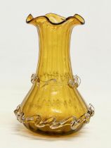 A 1940’s decorative Amber Art Glass crimped edge vase. 11x16.5cm