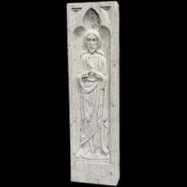A late 19th century carved marble panel with image of jesus. 18x7.5x66.5cm