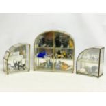 3 glass tabletop display cabinets with mostly Franklin Mint pottery, glass and brass ornamental