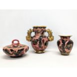 3 pieces of ornate Monte Carlo Ceramic pottery. Vase measures 22cm