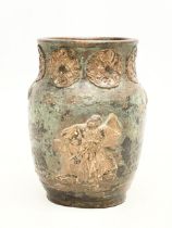 A 19th century Japanese terracotta vase with petal motifs, branches and Samurai. 12x16cm