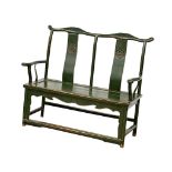 An 18th century style Chinese ornate bench in green paint decoration. 143x50x113cm