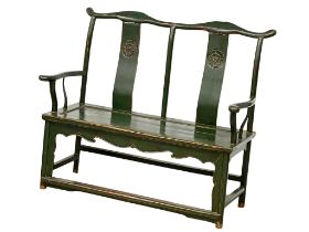 An 18th century style Chinese ornate bench in green paint decoration. 143x50x113cm