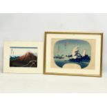 2 vintage Japanese woodblock prints. Sanka Hakuu, Thunderstorm below the Mt Fuji. View from the