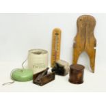 A sundry lot including a Victorian mouse trap. Garden Twine. Hempemstall, Dublin thermometer. An
