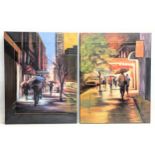 A pair of large extended hand painted laminated prints of Carol Jessen's '2nd Avenue Drizzle,'