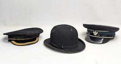 2 vintage caps, including an RUC and naval cap, with a vintage bowler hat.