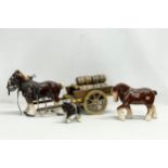 3 pottery horses. Horse and cart measures. 53cm