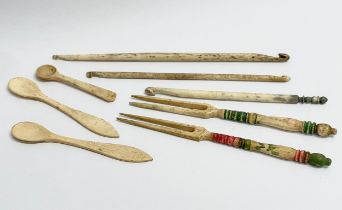 A collection of 19th century bone. 3 19th century bone crochet hooks. 2 19th century bone pick