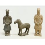 2 vintage Chinese terracotta soldiers and horse. 22cm