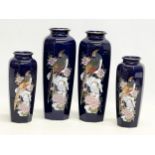 A set of 4 vintage Japanese colt blue porcelain peacock vases. Largest pair 27cm
