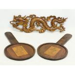 A pair of vintage Chinese game pads and a Chinese carved dragon wall plaque. 37cm