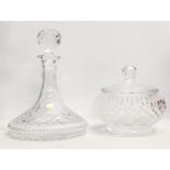 2 pieces of Tyrone Crystal including ships decanter and sweet jar. Decanter 27cm