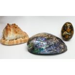 2 shells and a hand painted egg. 13cm