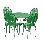 A Victorian style cast alloy garden table and 4 chairs. 82x67cm