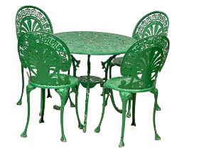 A Victorian style cast alloy garden table and 4 chairs. 82x67cm