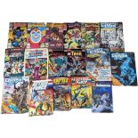 A collection of vintage comic books including Marvel Universe Captain America, The Avengers, Thor,