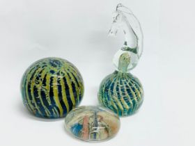 2 Mdina paperweights and a 19th century paperweight. Seahorse measures 14cm.