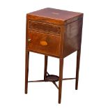 A George III inlaid mahogany Sheraton style pot cupboard with lift up top. Circa 1800-1810.