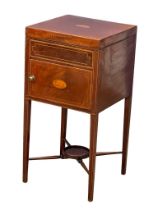 A George III inlaid mahogany Sheraton style pot cupboard with lift up top. Circa 1800-1810.