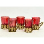A set of 5 vintage Ruby Glass cups with gilt plastic holders. 7x8cm