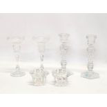2 pairs of crystal candlesticks with a pair of French candle holders by Reims. Tallest measures 17.