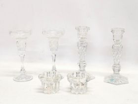 2 pairs of crystal candlesticks with a pair of French candle holders by Reims. Tallest measures 17.