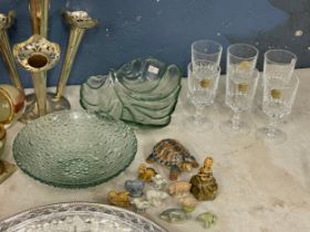 A sundry lot of pottery and glassware. A vintage onyx and brass lighter, a silver plated epergne.
