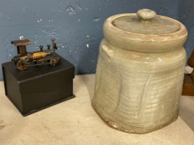 A sundry lot of pottery etc. a large African boxwood figure 49cm. German salt glazed pitcher. Coins.