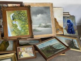 A large collection of oil paintings.