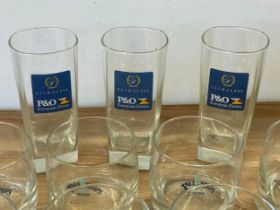 A collection of 13 Tall Ships Belfast whisky glasses and 3 P&O Club Class drinking glasses.