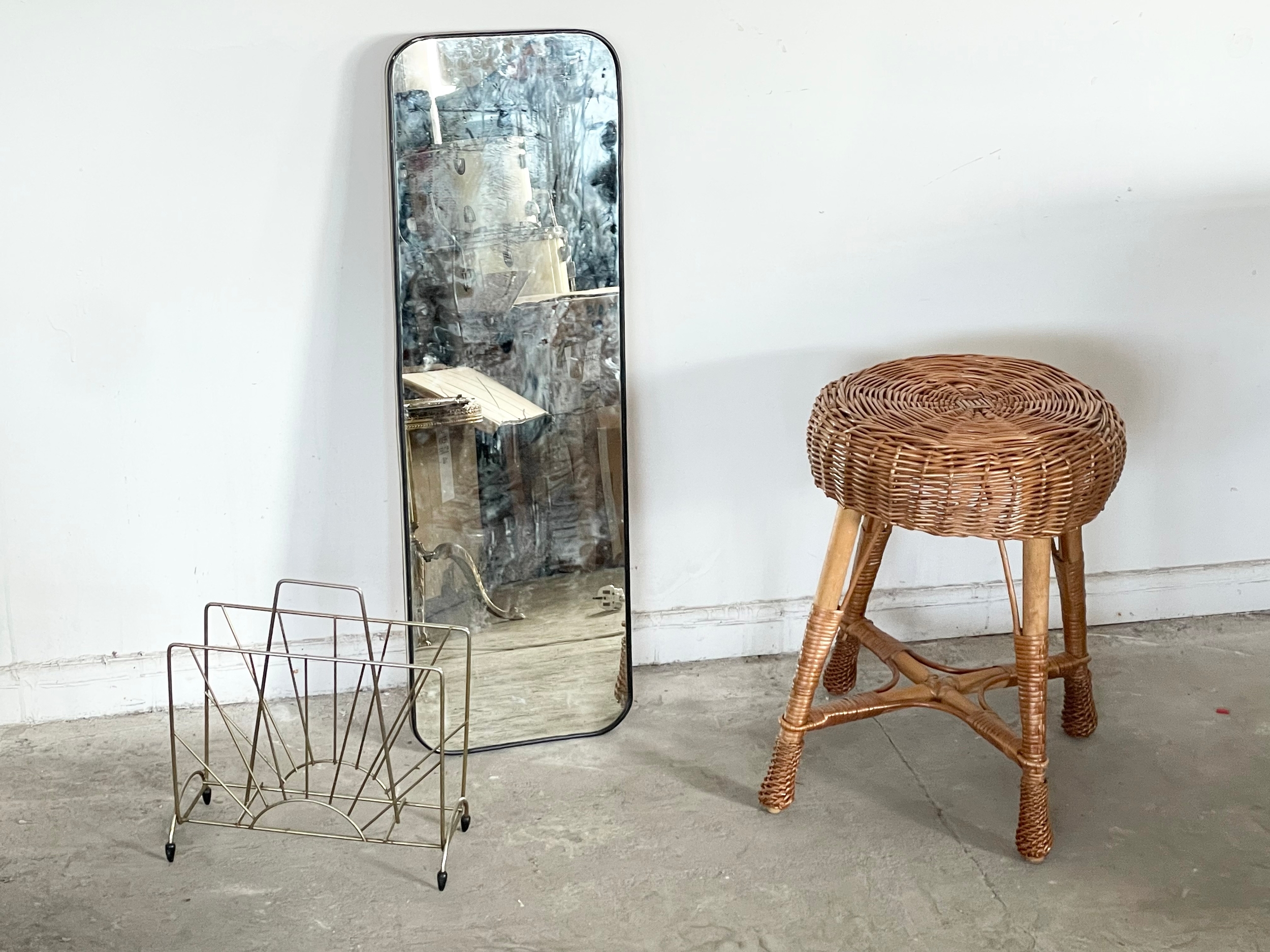 A sundry lot of Mid Century Furniture. Including a Franco Albini style stool. A mirror and