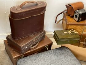 A box lot. Including vintage leather cases, large silver plated cake stand. Kodak camera, large