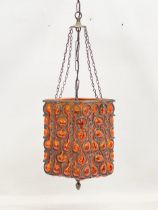 A large vintage Amber Bubble Glass brass bound light fitting. Shade measures 20x20x34cm. 94cm