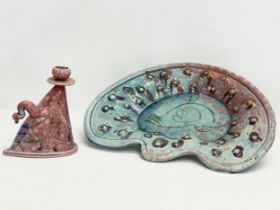 2 pieces of Diane McCormick glazed studio pottery. Bowl 43x32cm. Candleholder 16x18cm
