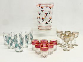 Mid Century Glassware. A 1960’s hand blown and painted vase. A set of 6 stemmed gilt port glasses. 6