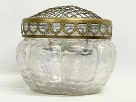 A large late 19th century iridescent glass flower bowl with ornate brass top. 1890-1900. 18x24cm