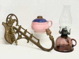 2 late 19th century glass and pottery finger oil lamps and a large brass wall light.