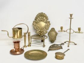A collection of 19th and early 20th century brass and copper. 2 brass wall hanging candleholders
